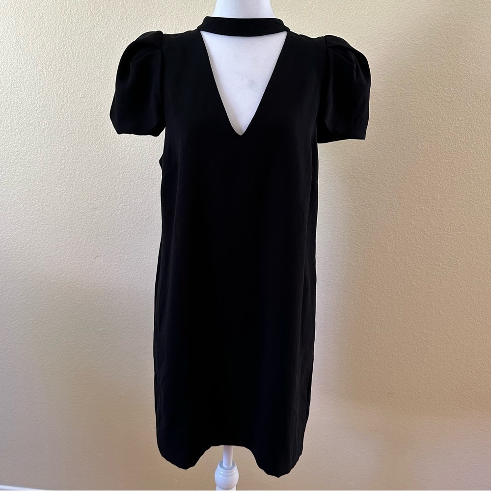 BCBGMAXAZRIA Choker Puff Sleeve V-neck Mini Dress with Pockets Black Size M.